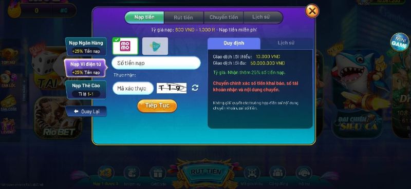 Sử dụng ví điện tử để nạp tiền vào cổng game rio66